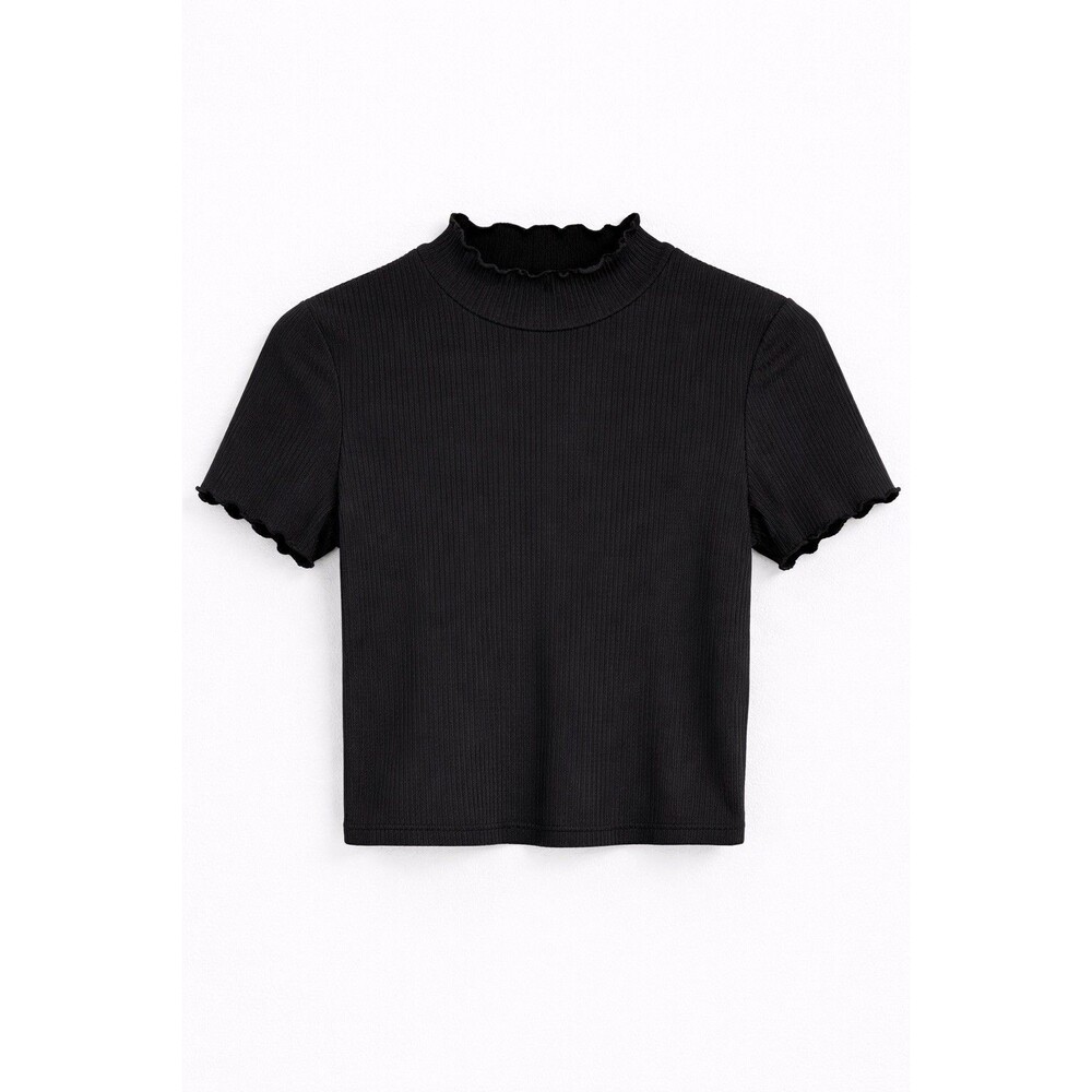 Popular 21 Black Ribbed Mock Neck Crop Top Size L Lettuce Trim Y2K Basic Minimal